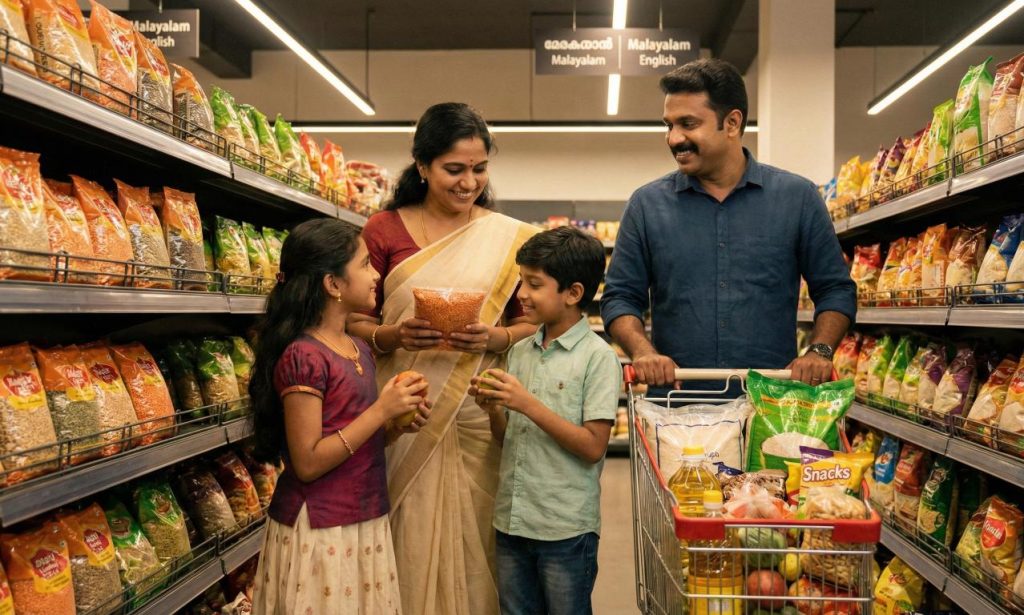 A happy family shopping for daily groceries at Live 7 Supermarket in Ottappalam, enjoying a stress-free supermarket experience.
