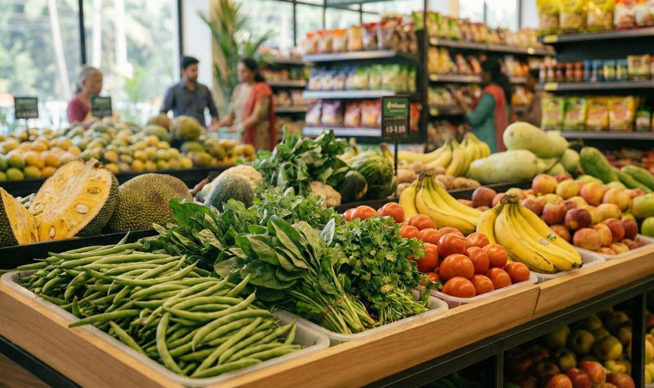 A happy family shopping for daily groceries at Live 7 Supermarket in Ottappalam, enjoying a stress-free supermarket experience.