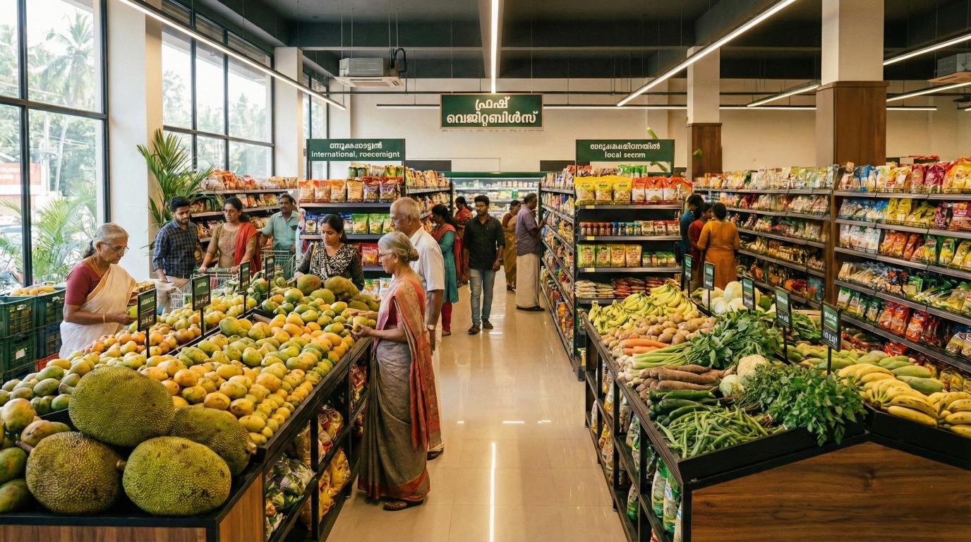 Fresh vegetables and fruits neatly displayed at Live 7 Supermarket, known for quality grocery shopping in Cherpulassery.