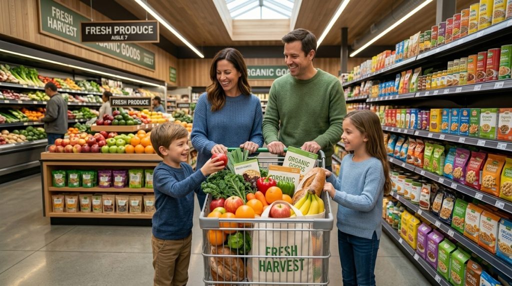 Kerala family shopping for fresh groceries in a modern local supermarket