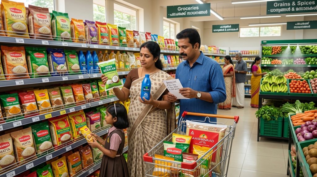 Smart family comparing prices and shopping with a list in a Kerala supermarket to save money
